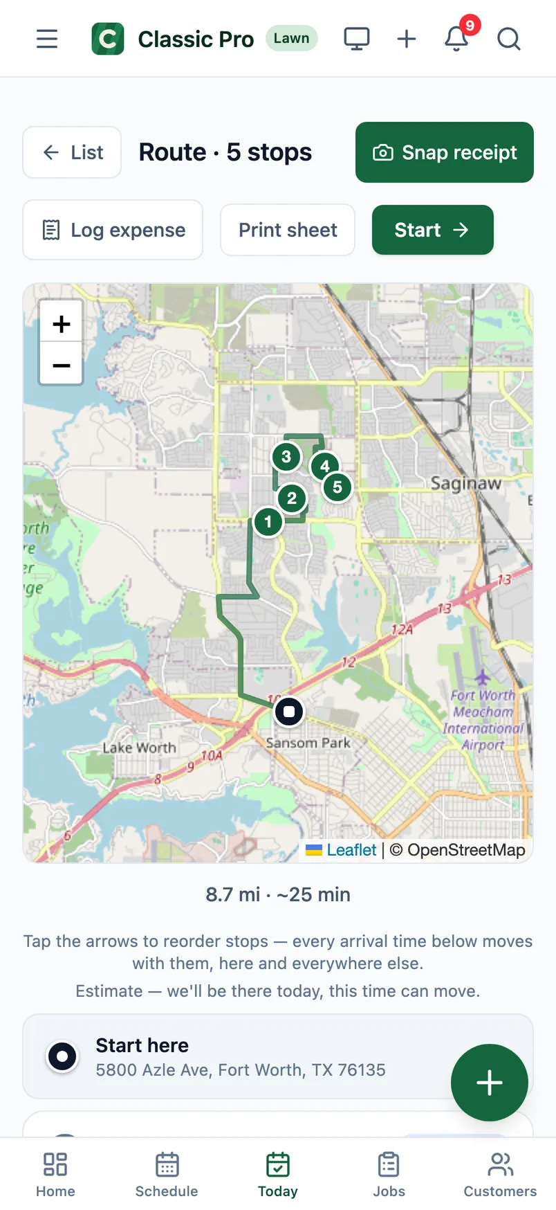 Route screen with stops on a map in driving order (demo data)