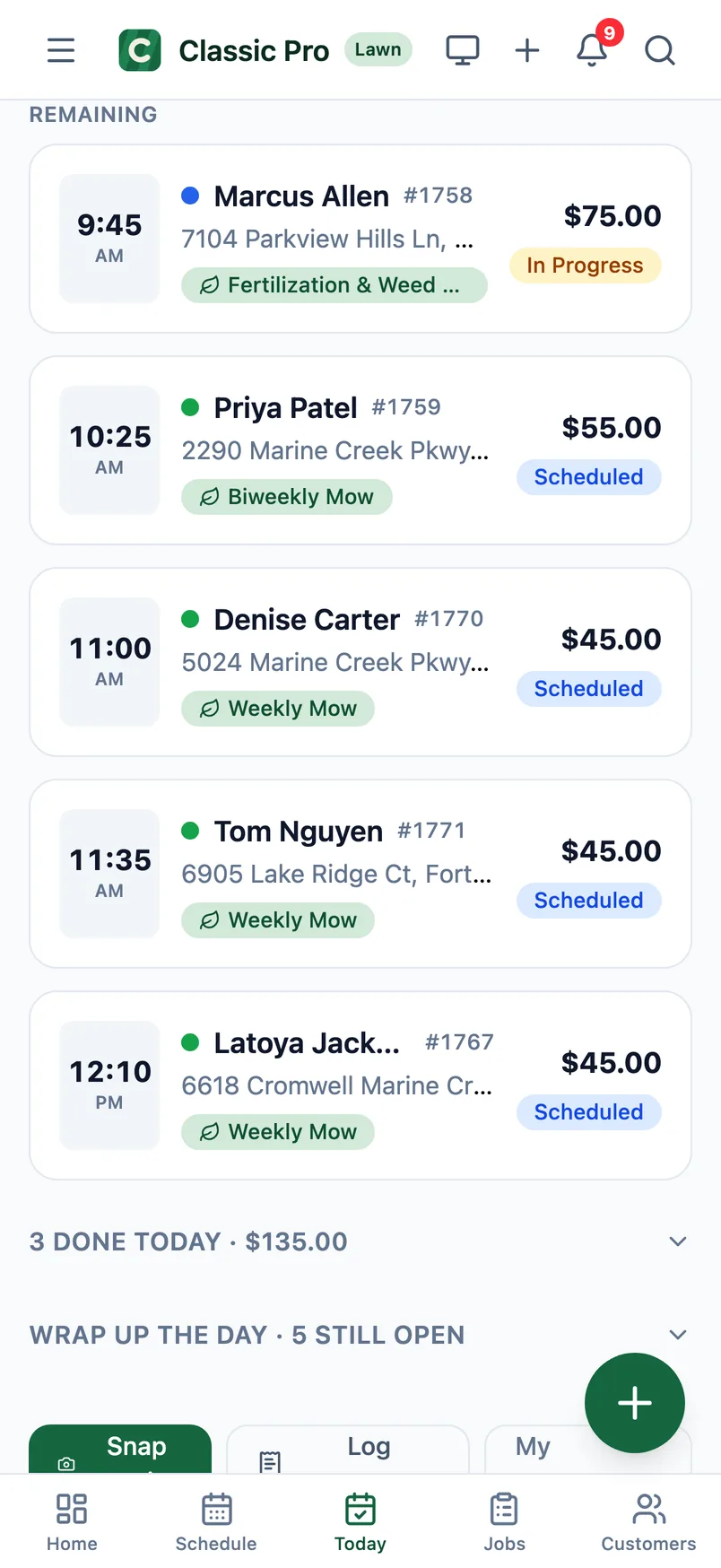Today screen with the day's stops (demo data)